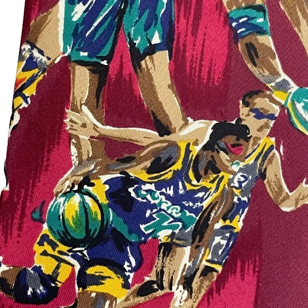 LANDS' END RED GREEN BLUE YELLOW BASKETBALL PLAYERS SILK NECKTIE TIE‎